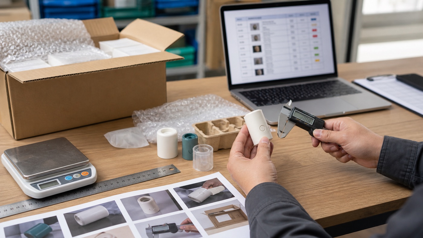 China-side sample review desk with a product sample, measurement tools, packaging materials, and blurred checklist evidence before a bulk order decision.