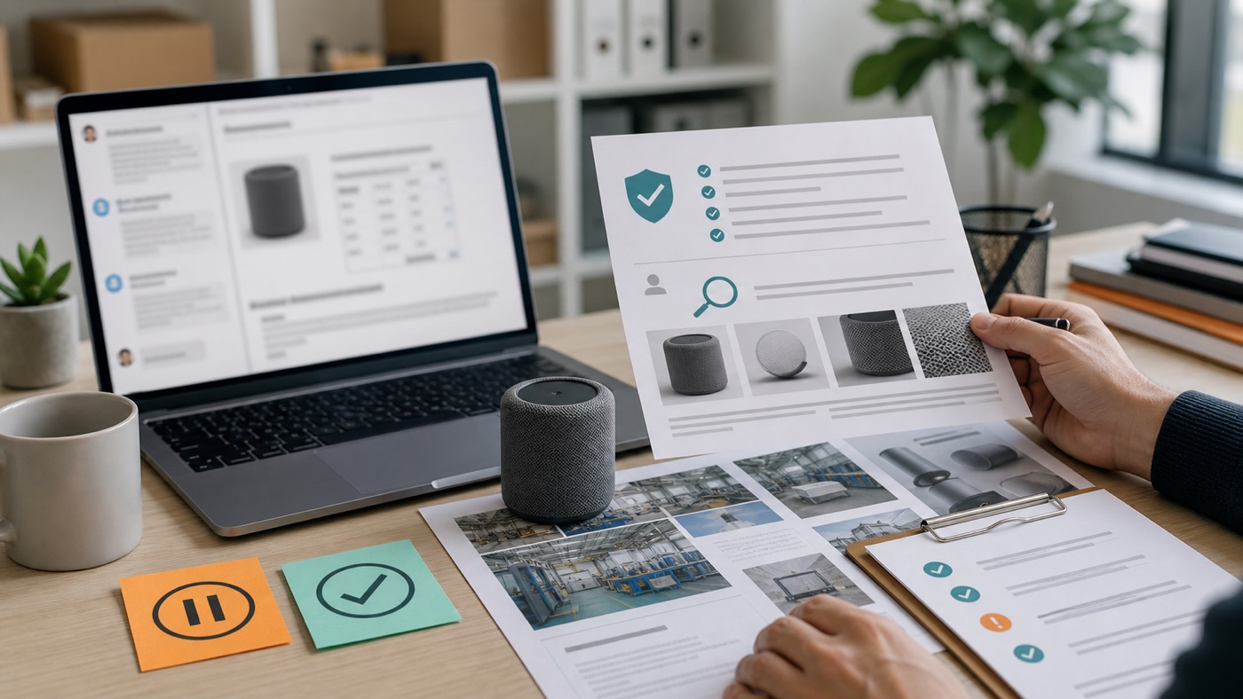 Small ecommerce buyer reviewing supplier documents, product evidence, and an independent check before deciding whether a China sourcing agent is needed.