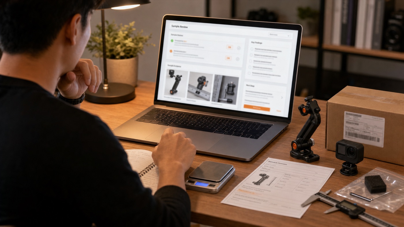 Small ecommerce buyer reviewing a China-side support bracket sample with measurement tools and a sample review report on screen.